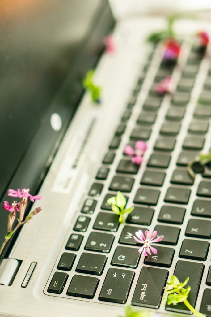 Vibrant flowers arranged on a laptop keyboard for a tech-nature blend visual.